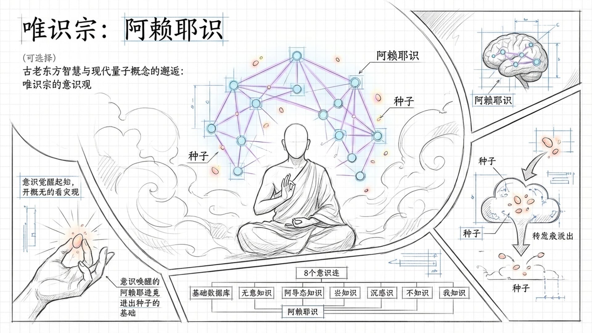 古代东方僧侣在云雾缭绕的背景下冥想,其脑海中浮现出类似数据库的复杂发光节点。