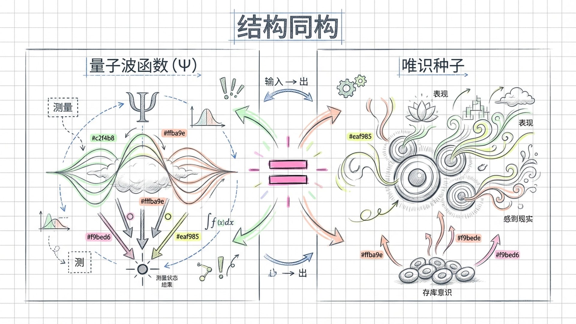 左右两边分别展示波函数坍缩与种子生现行的过程,中心通过等号连接,高度抽象。