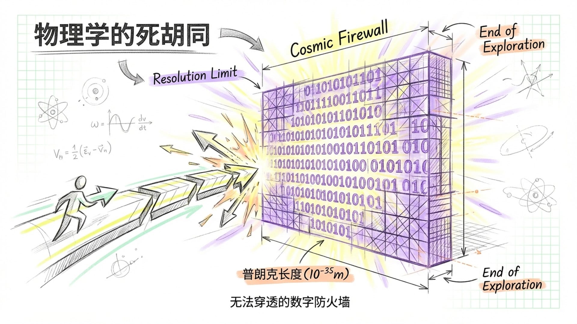 一道发光的物理墙阻断了视线,墙面由二进制代码构成,象征宇宙的分辨率极限。