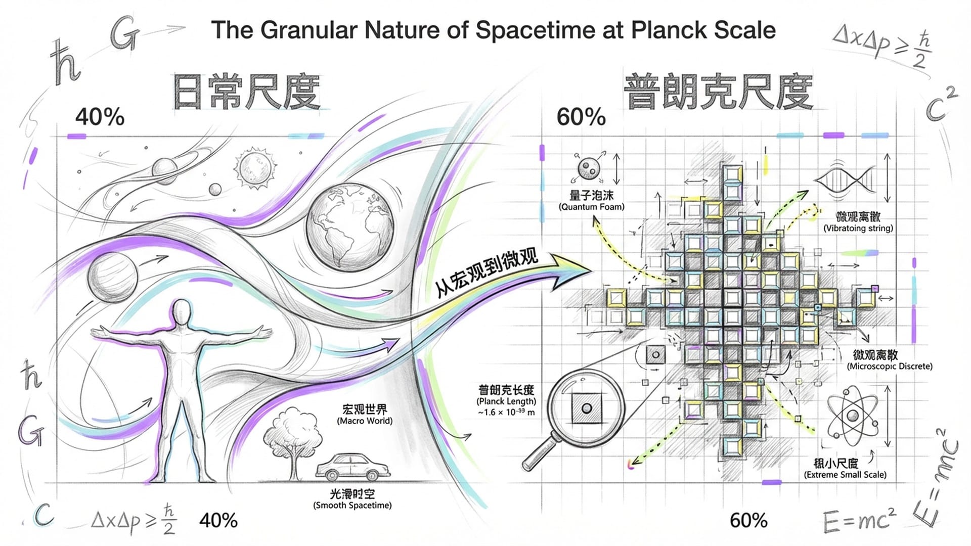 丝绸布料在显微镜下逐渐解构为像素方块,背景是量子力学的数学公式,冷暖对比色。