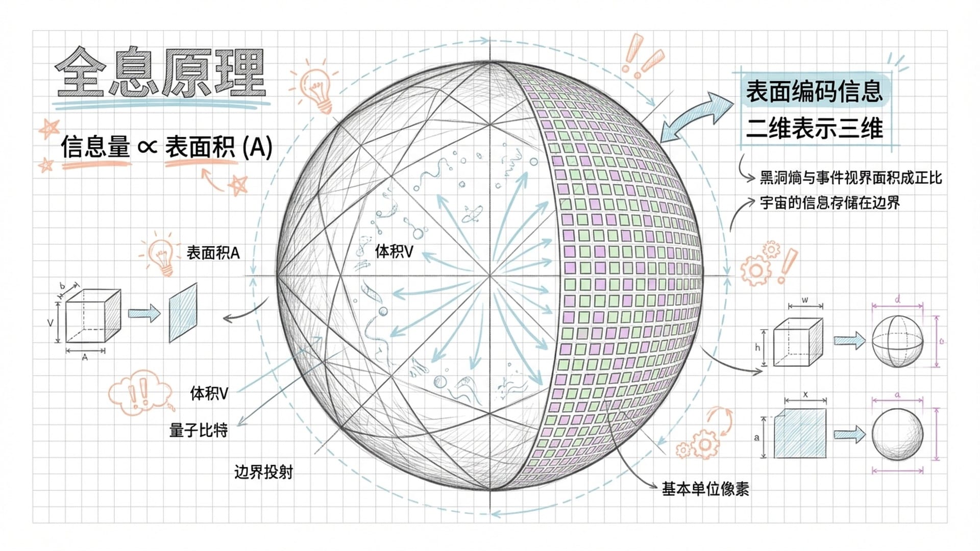一个巨大的球体表面覆盖着细小的二维码网格,内部光影投射到外部,展示全息映射关系。