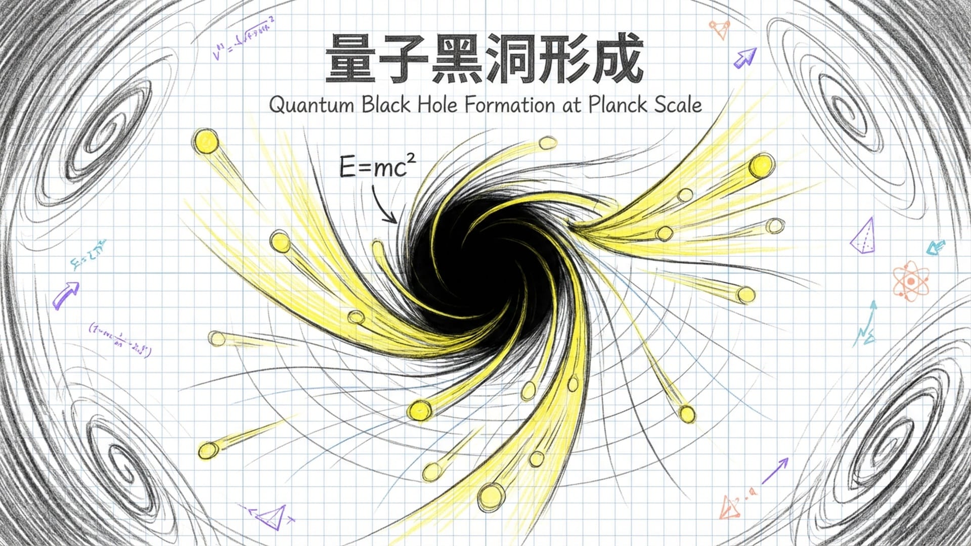 光子与能量粒子碰撞,时空在其周围扭曲成漏斗状的黑洞,强烈的白光与深渊对比。