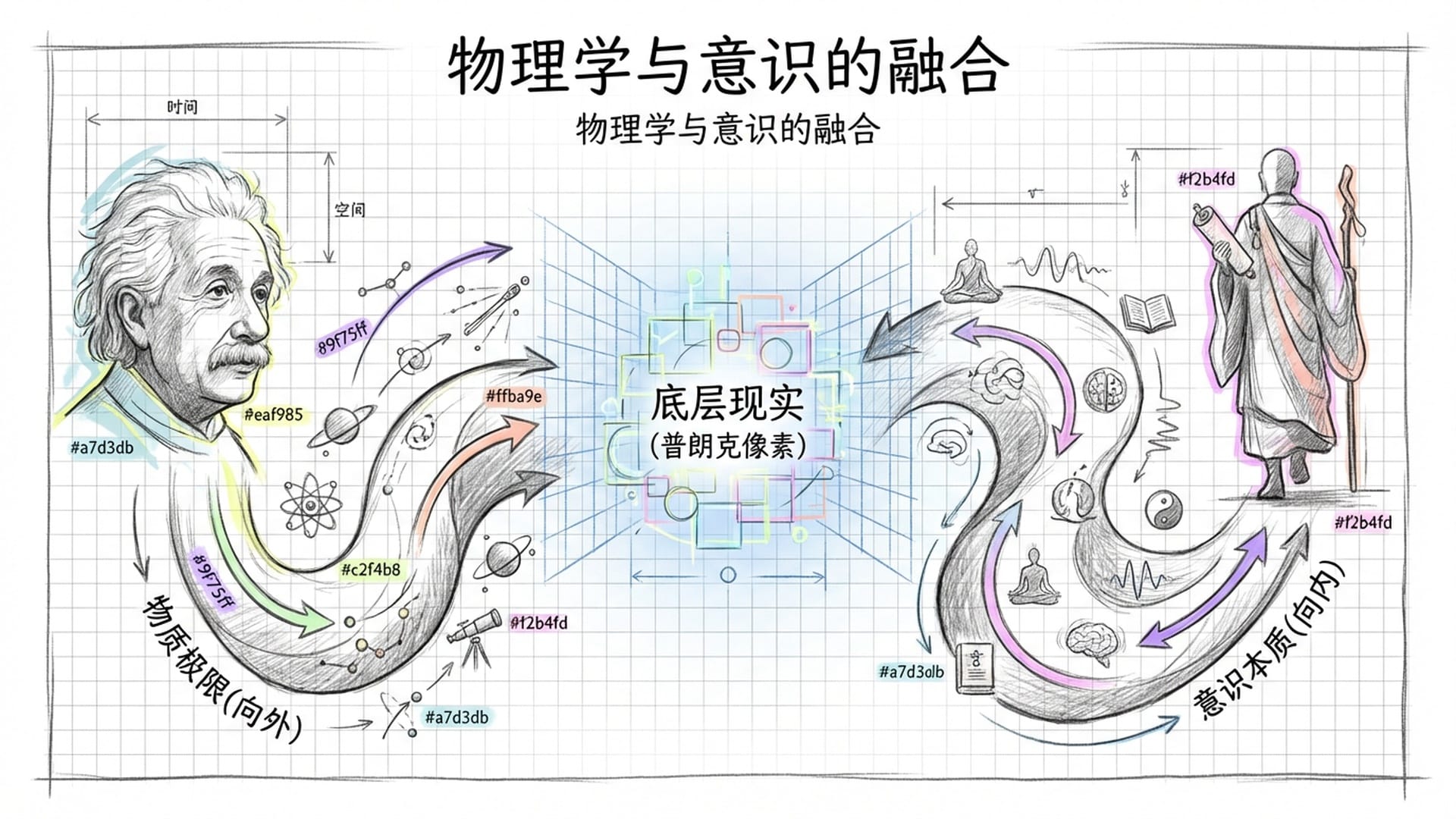 一端是爱因斯坦的肖像,另一端是玄奘的剪影,两人在一道发光的分辨率栅格前相遇。