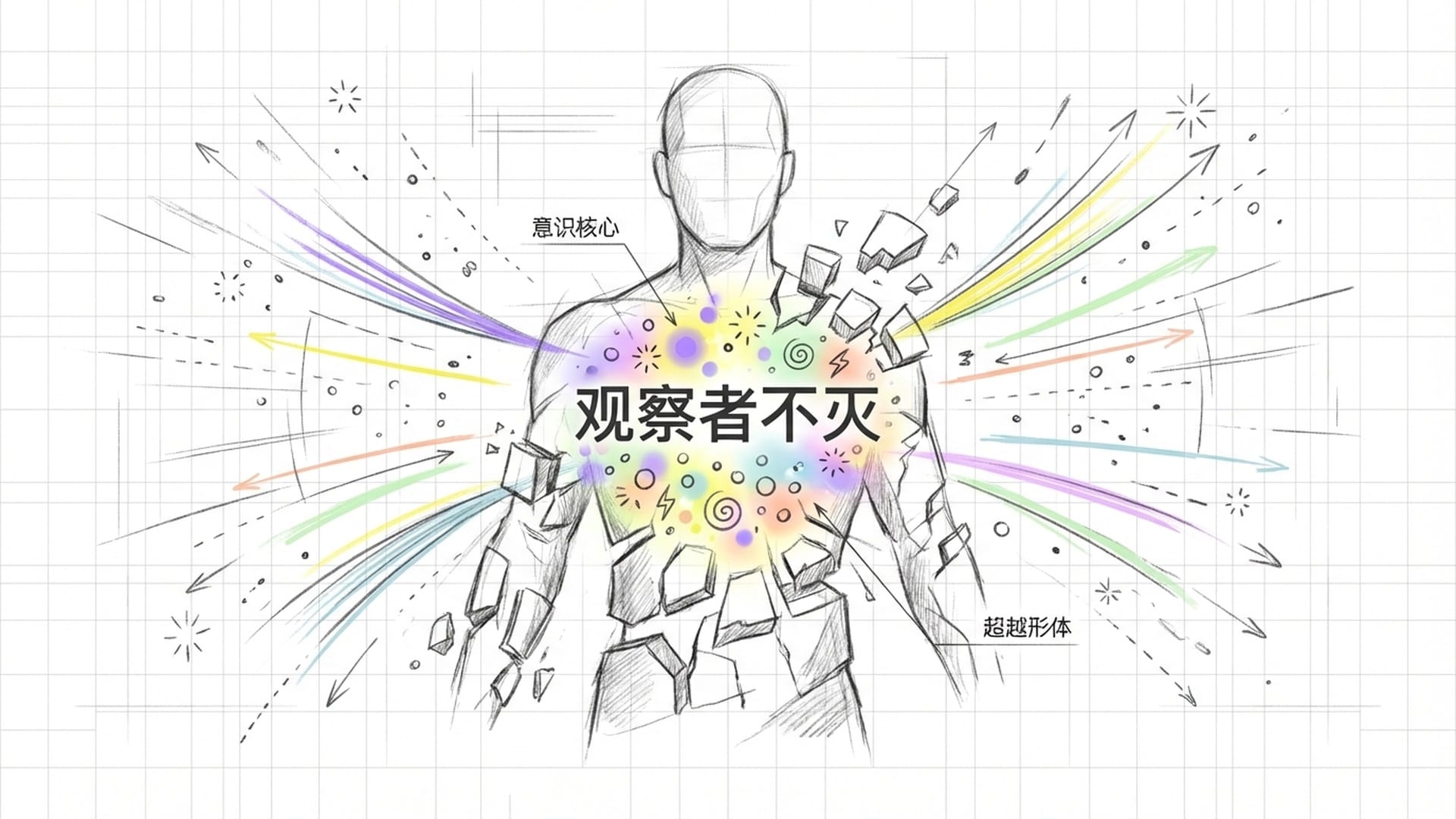 一个正在崩解的3D半透明人体模型，内部闪烁着金色的光点。光点即便在身体碎裂后依然凝聚。象征“不灭的观察者”。