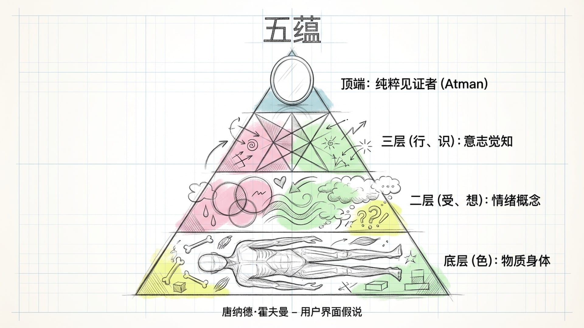 佛学“五蕴”的视觉呈现。五个发光的透明球体相互叠加，包裹着中心的一面镜子。镜子映射出万物却无自色。