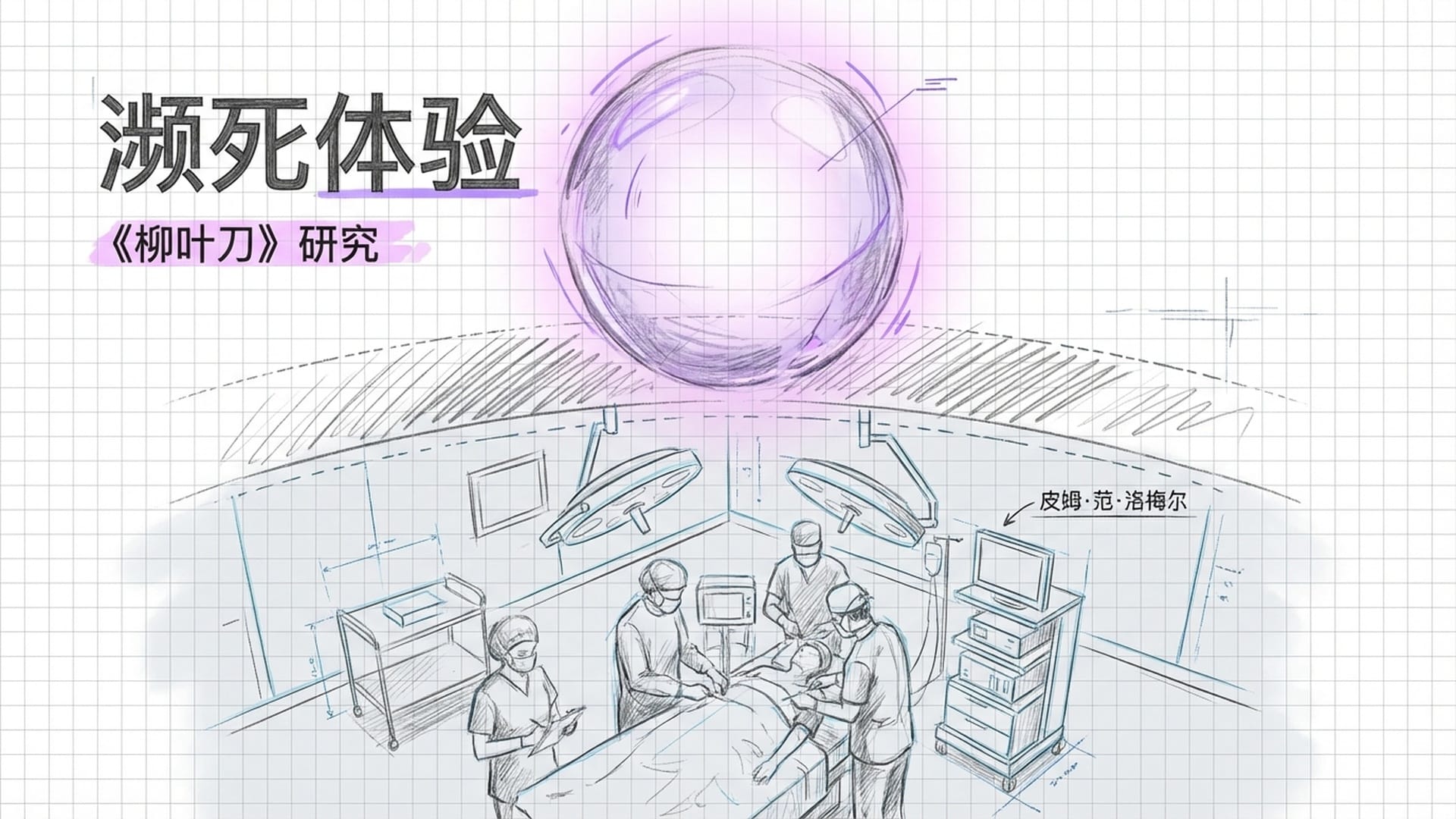 医院手术室的冷色调俯瞰视角，一个半透明的灵魂视角在天花板俯视下方忙碌的医生。对应《柳叶刀》研究。
