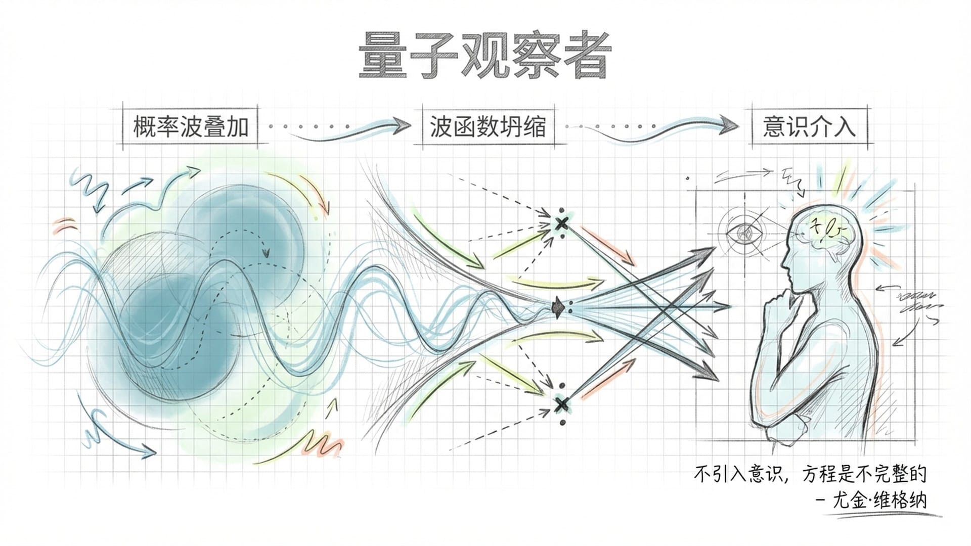双缝干涉实验的抽象表达。粒子在被观察前呈雾状，被观察后坍缩成确定的点。物理学家维格纳的剪影出现在光束末端。