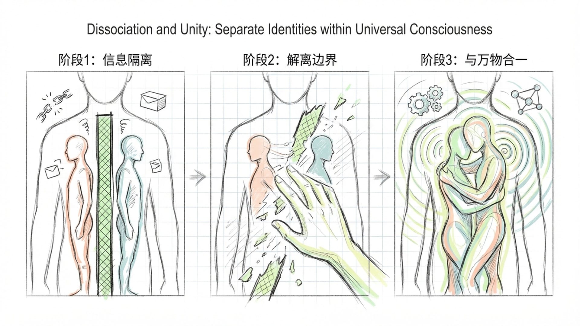一具身体内的两个独立人格剪影，中间隔着一道半透明的墙。一只大手正撤去这道墙。象征冥想中消融的解离边界。