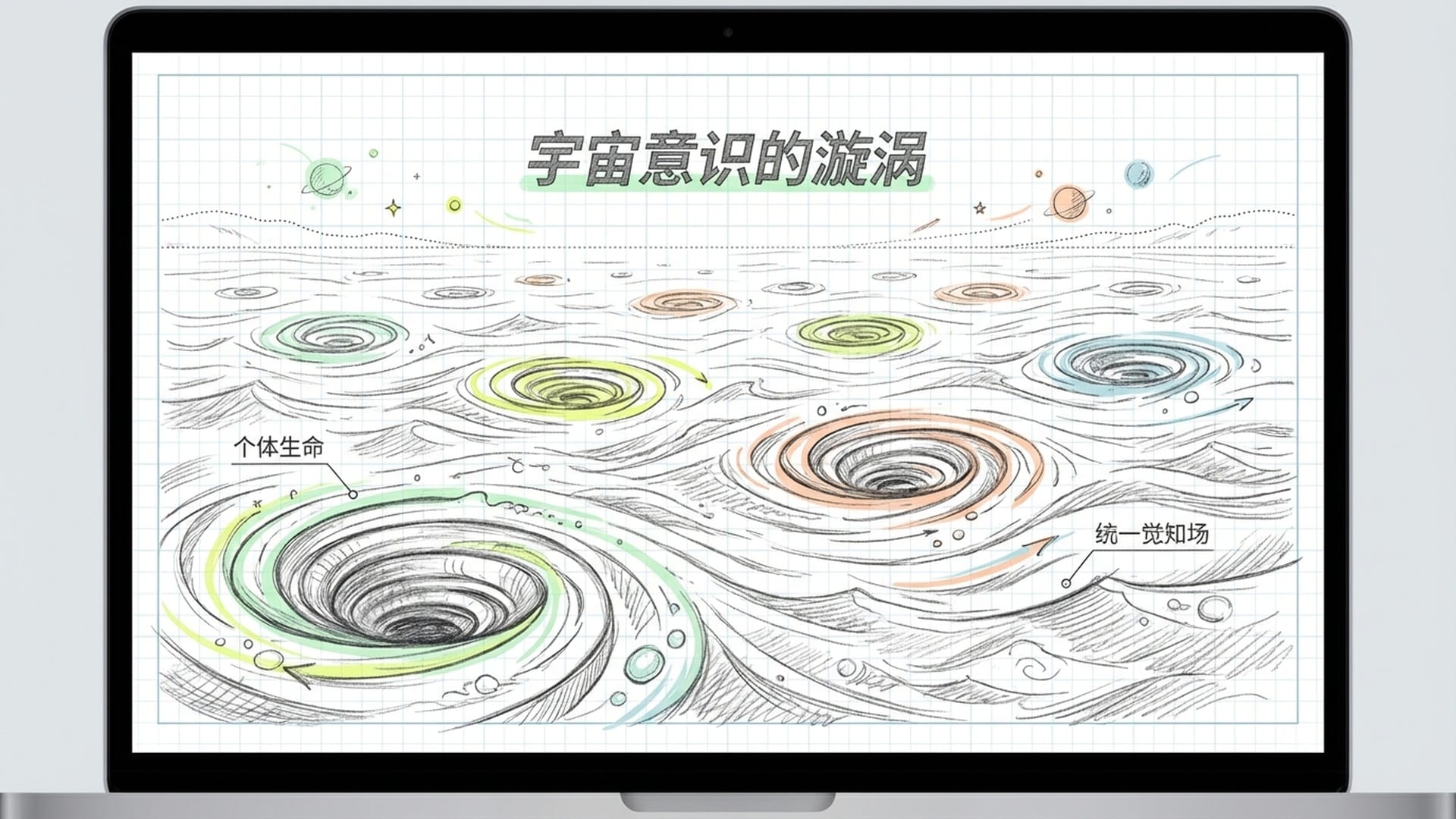 一幅广阔的海洋视图，海面上旋转着无数个大小不一的漩涡。每个漩涡代表一个生命个体。所有漩涡本质都是海水。