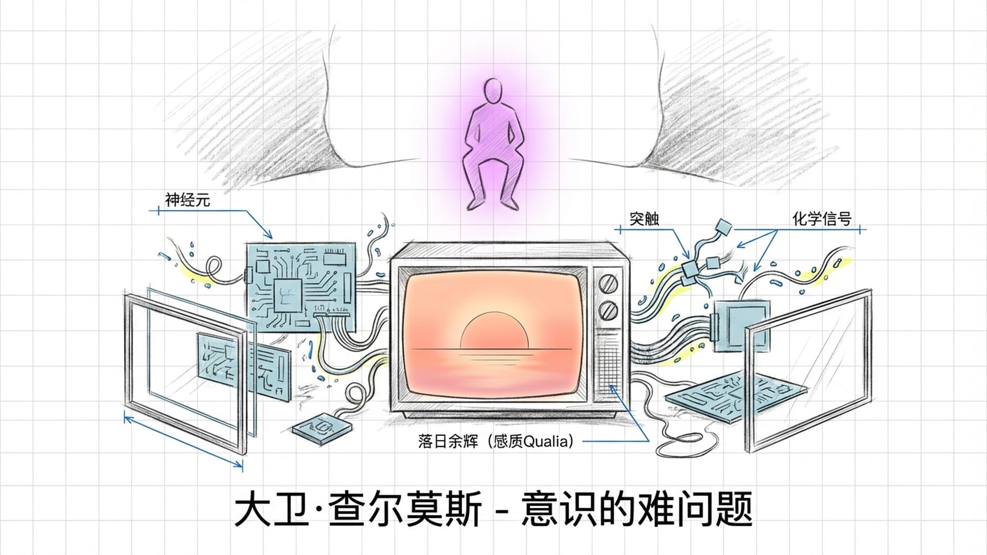 电视机被拆解的零件散落一地，屏幕中放映着电影。一个观察者坐在屏幕外的虚空中观看。体现“难问题”。
