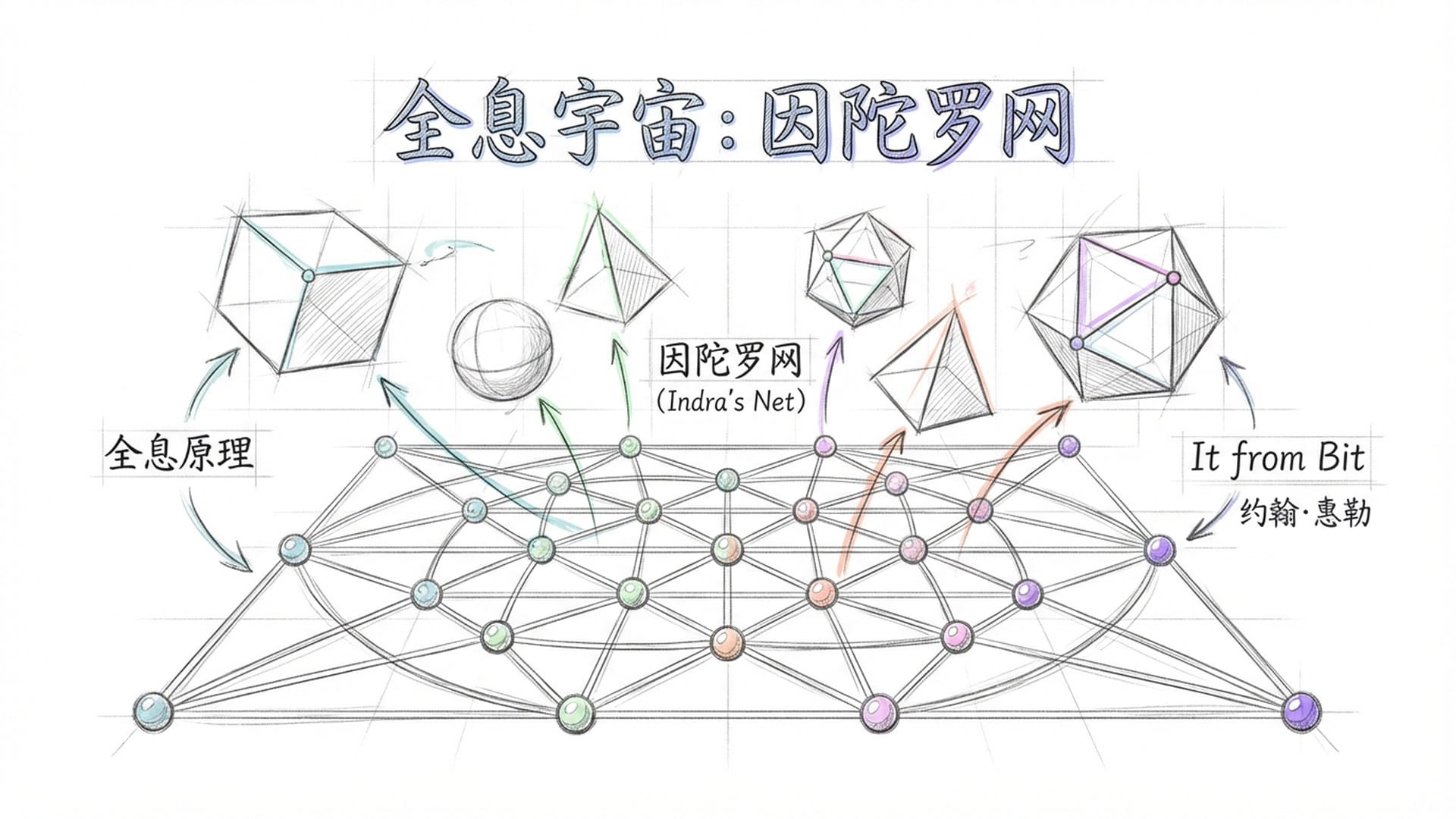 全息宇宙概念图：三维物体从二维信息网上浮现，“因陀罗网”的每一个珍珠节点映射出全宇宙。