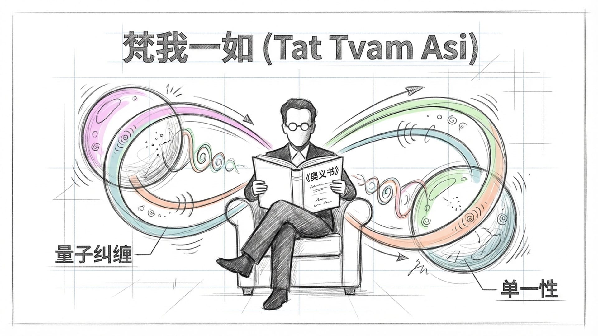 薛定谔阅读《奥义书》的剪影，背景是两个纠缠的粒子，象征“梵我一如”与量子纠缠的共鸣。