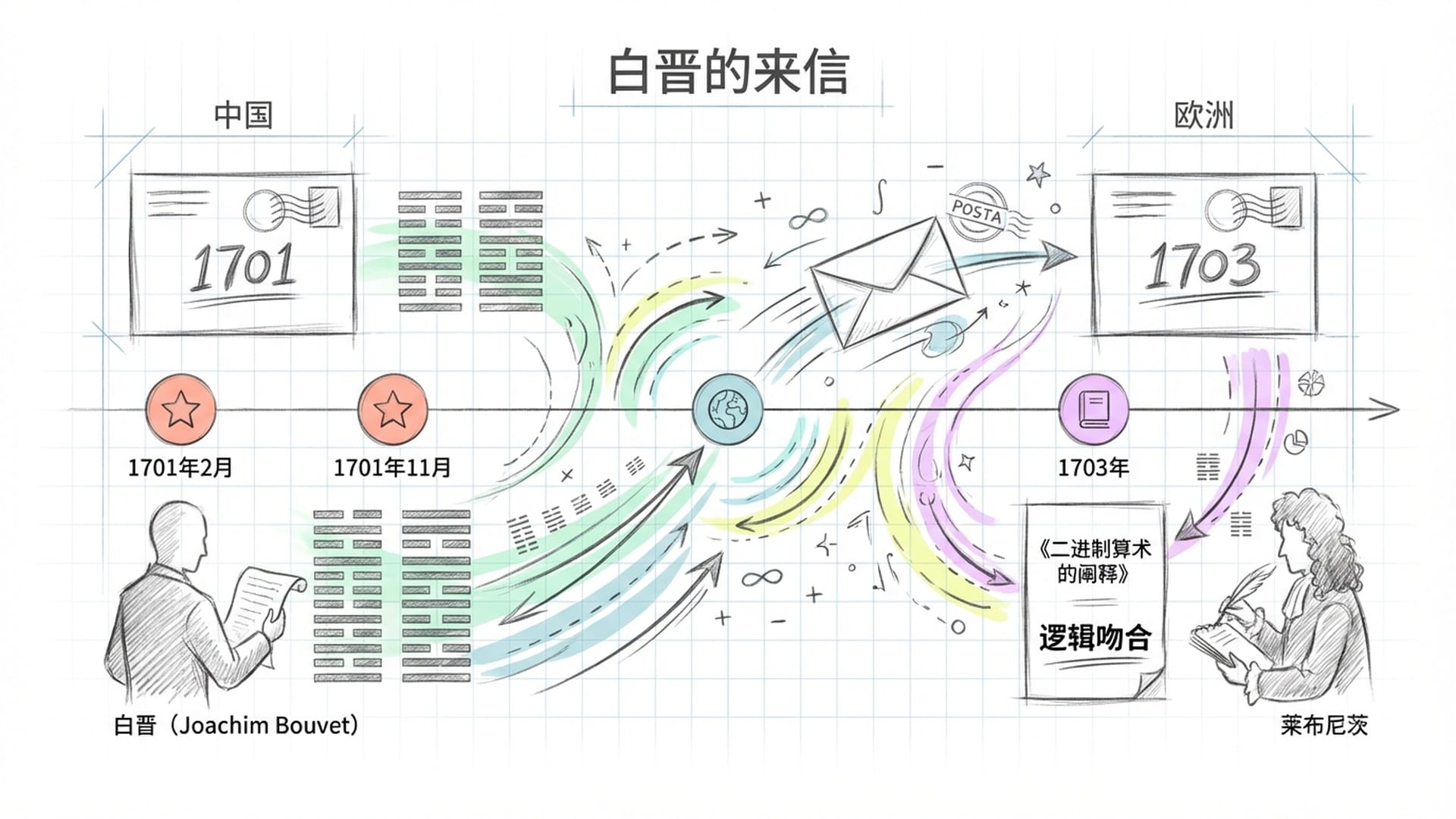 一封从中国发往欧洲的古老信件，连接白晋与莱布尼茨，伏羲六十四卦图被缓缓展开。