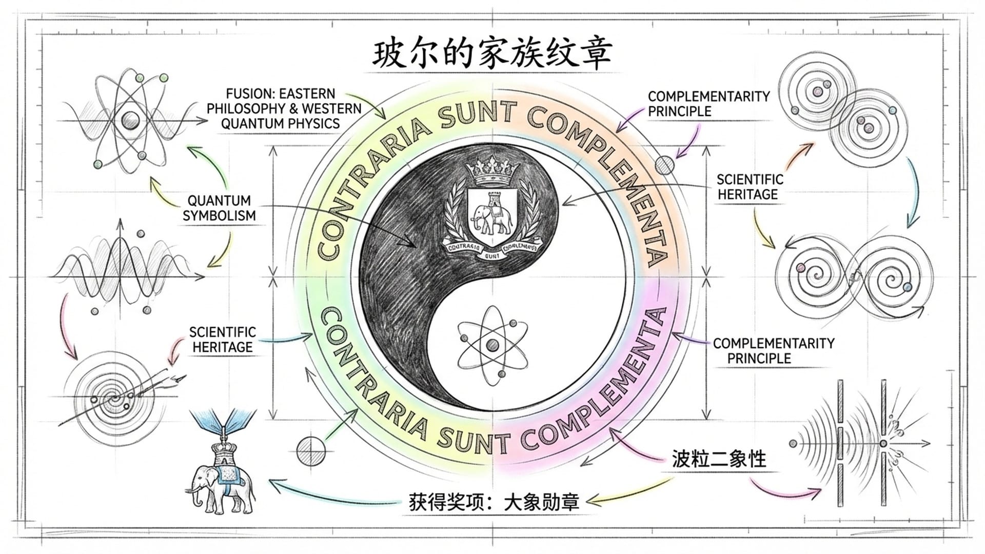 玻尔的家族纹章，正中心为阴阳太极图，拉丁文“对立即互补”形成光斑环绕。