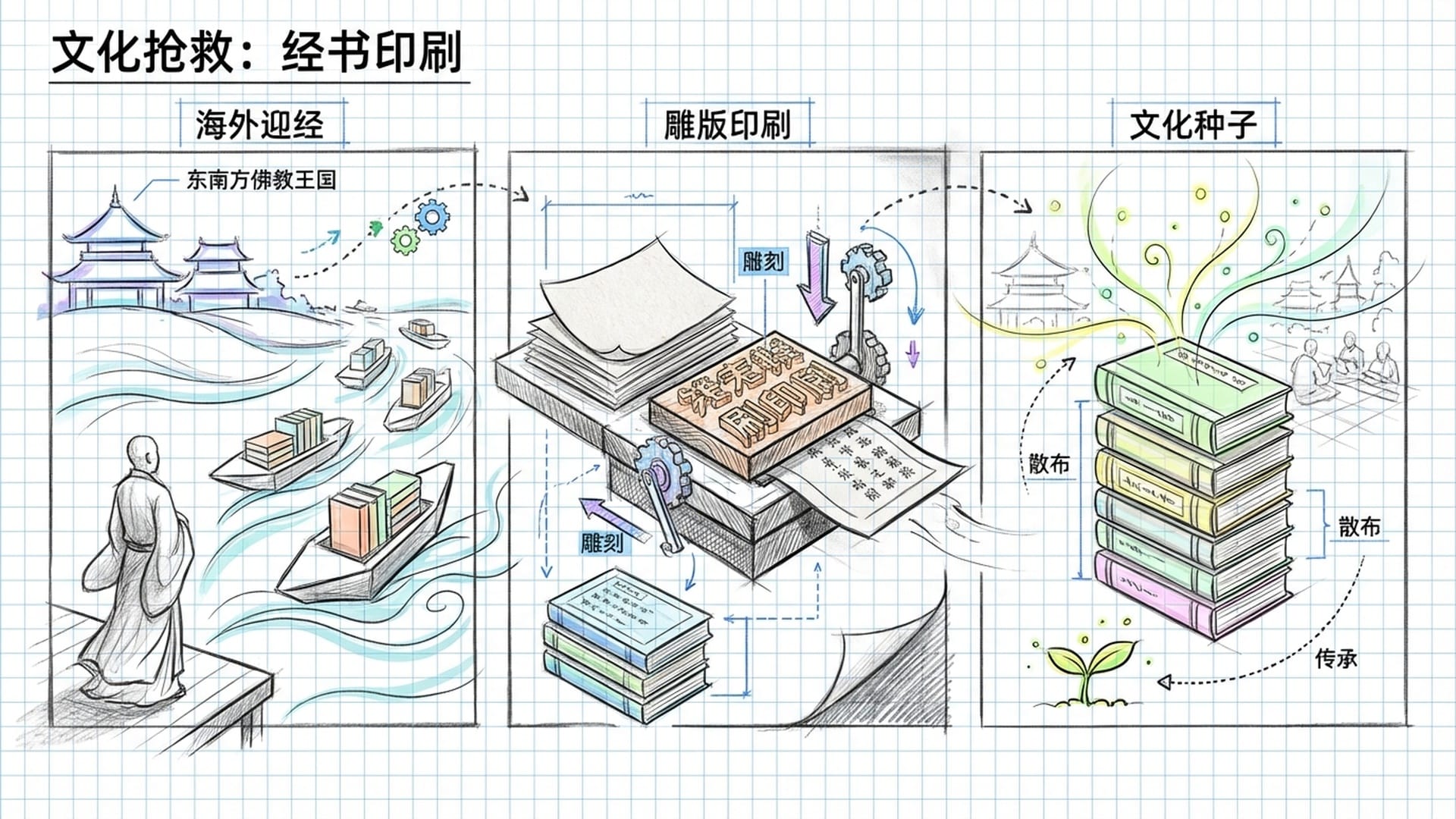钱弘俶在岸边监督雕版印刷的经书装船