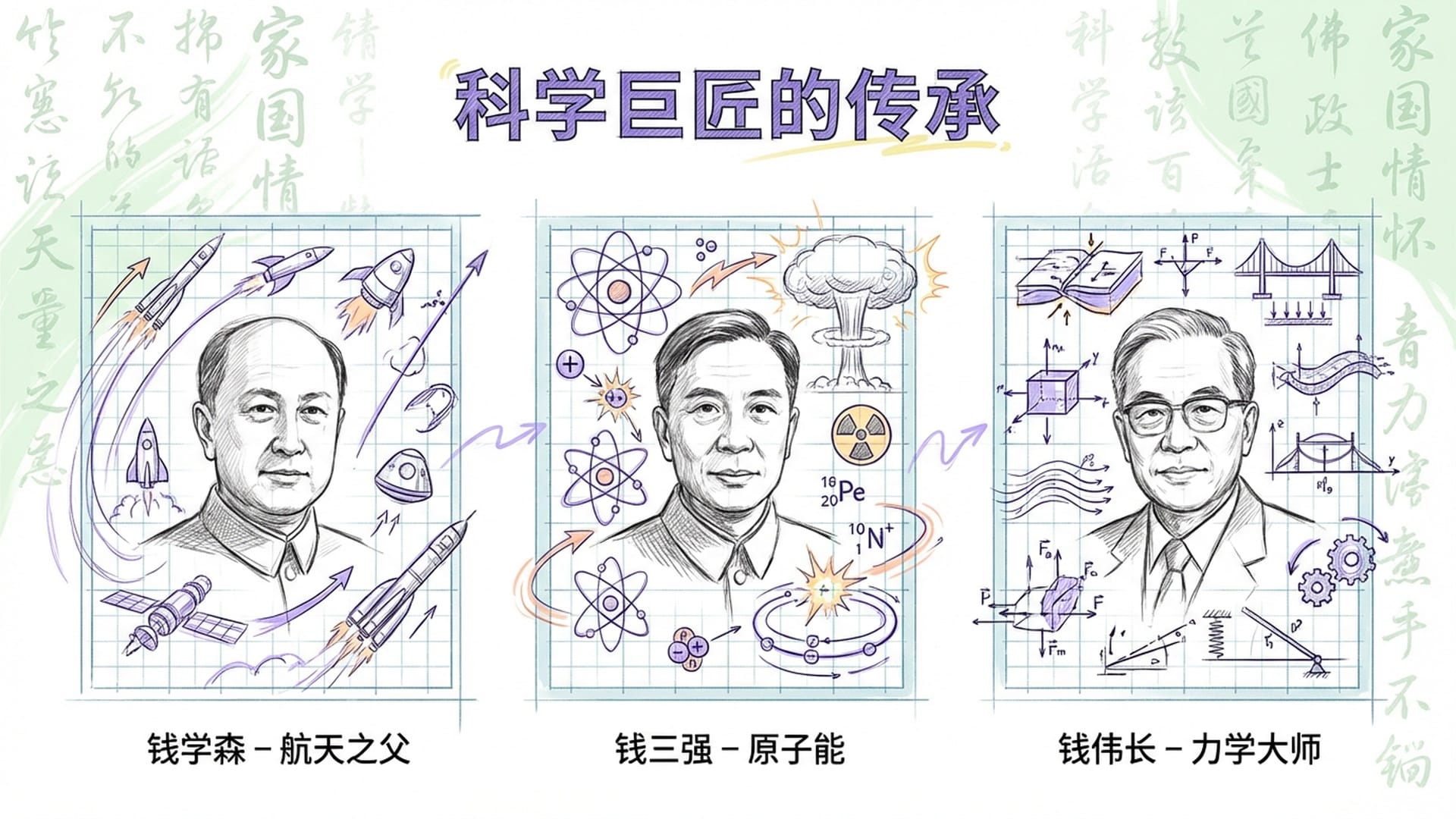 钱学森、钱三强、钱伟长等三位大师在科研现场的拼贴图
