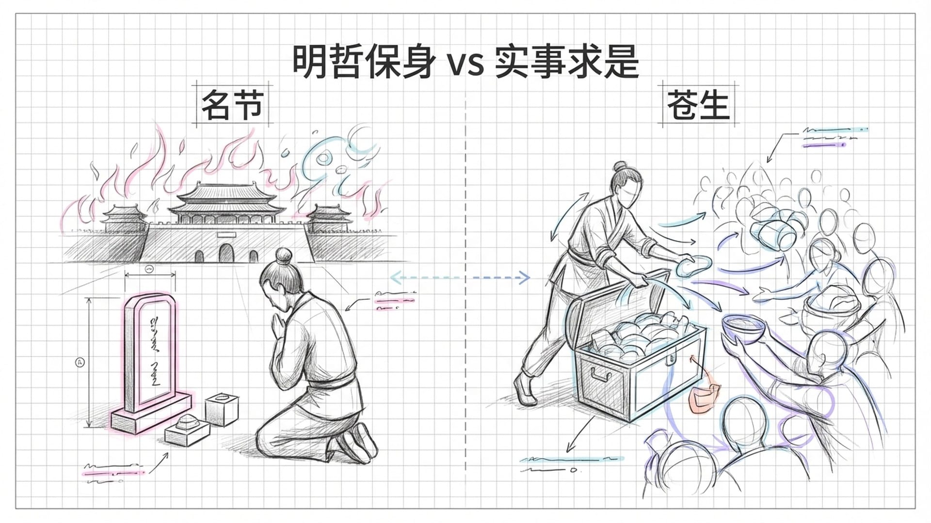 冯道在父亲灵位前守孝，背景是远处的宫殿火光四射。另一侧展示他散尽家财救济流离失所的难民。