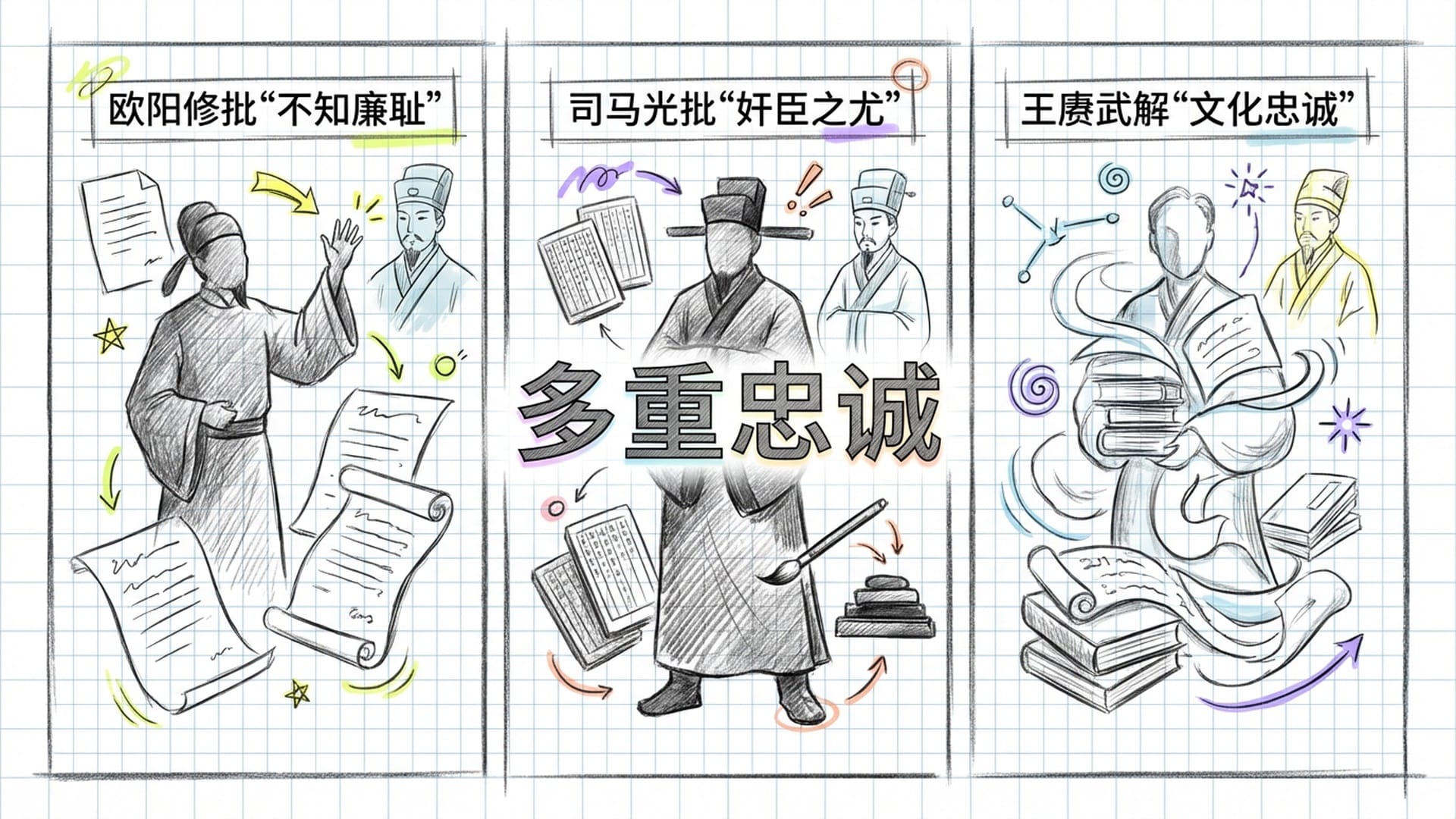 北宋理学家司马光、欧阳修手持戒尺严厉批判的剪影，冯道在耻辱柱上被光照耀，显现出另一种解读词语：多重忠诚。