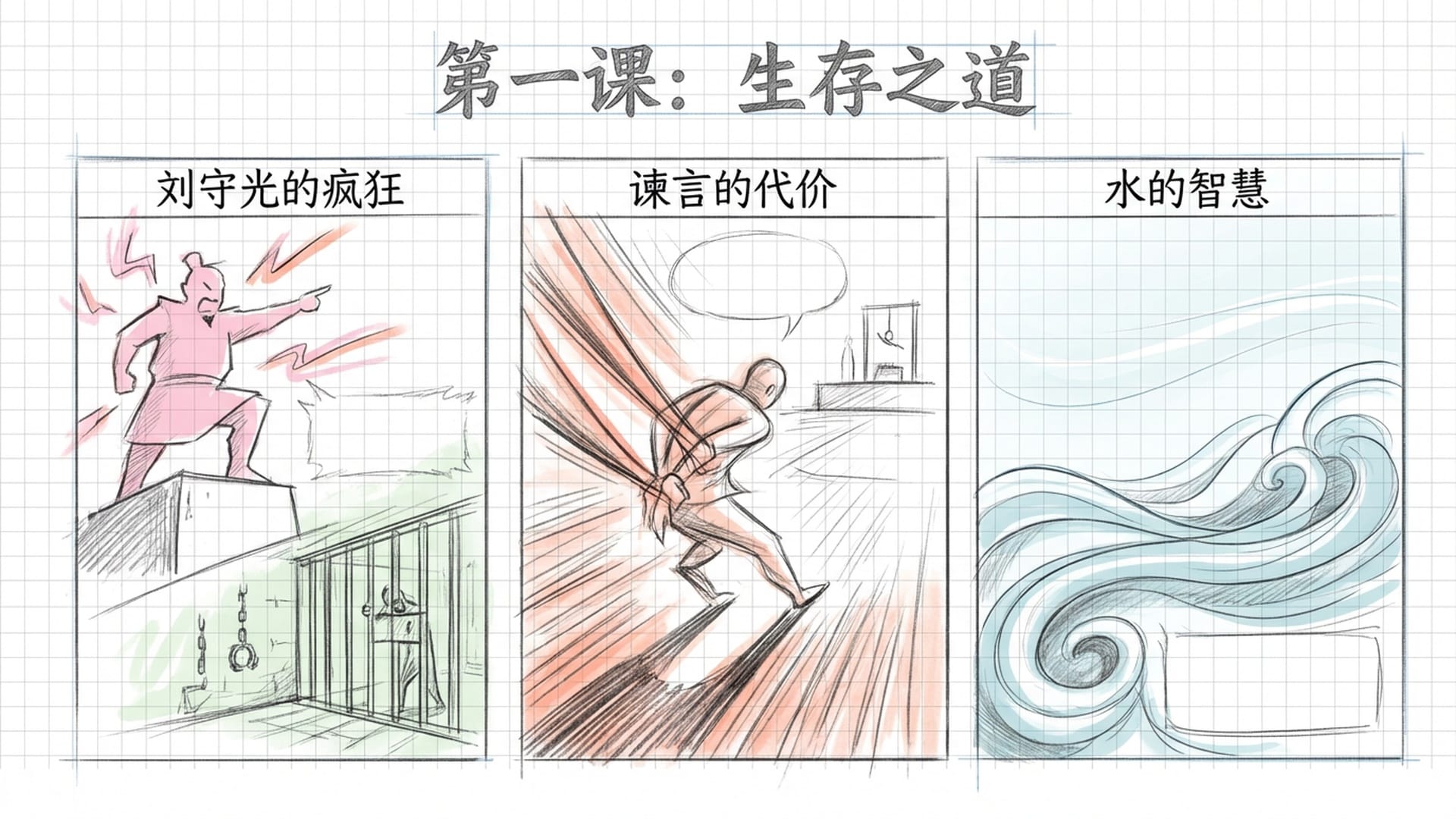 幽州大监禁的阴冷环境，冯道被士兵拖出，背景是狂暴的刘守光剪影。随后画面切换到清澈流动的泉水，象征“水之柔”。