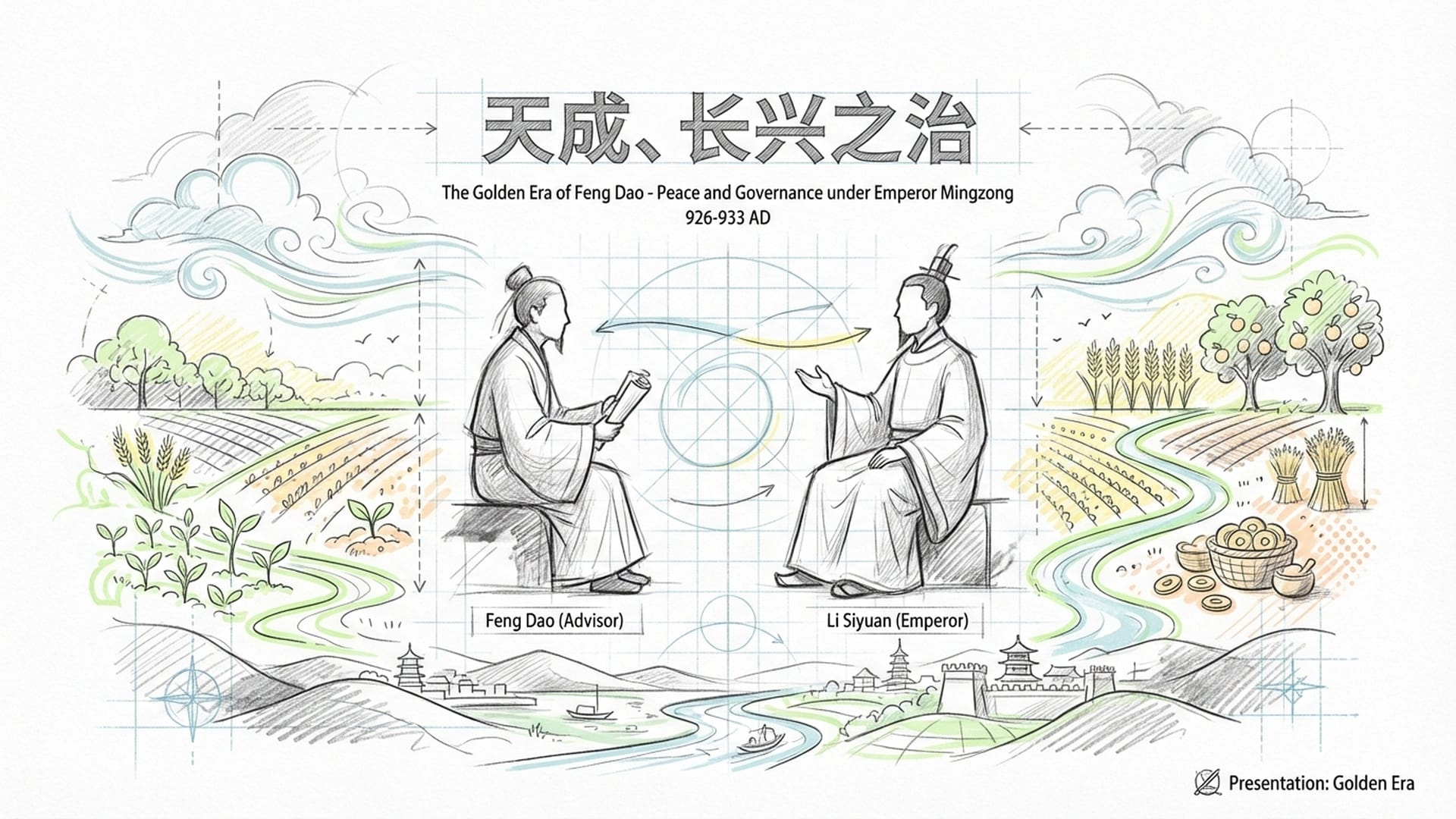 冯道在后唐明宗李嗣源面前温和讲学，展示他们共同缔造的短暂盛世景象，田野丰收。