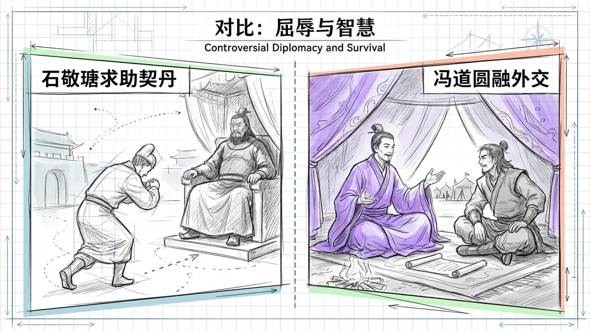 石敬瑭向契丹皇帝下跪求助的丧权辱国瞬间，与冯道穿着宰相袍服在契丹大帐内与耶律德光谈笑风生的对比。