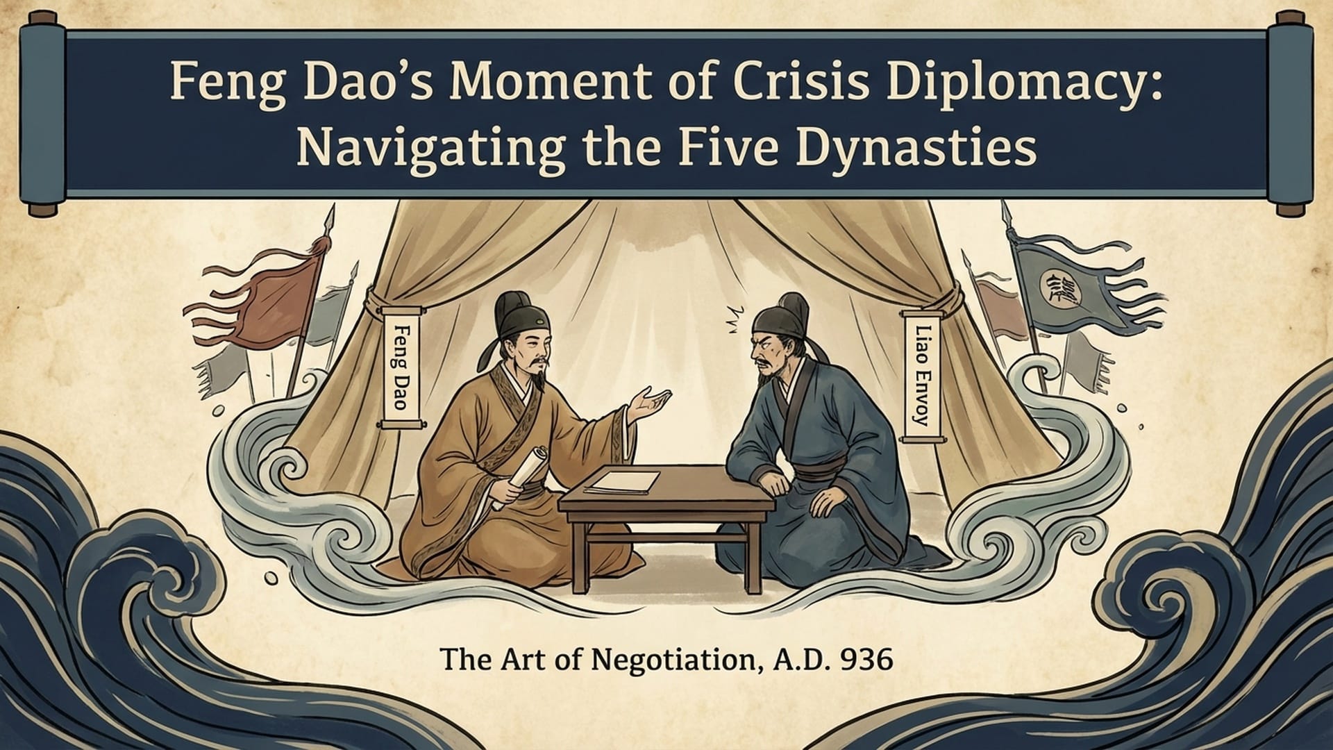 开封城外的铁骑压境，耶律德光俯视群雄，冯道单膝跪地给出“唯皇帝救得”的回答，拯救百姓的性命。