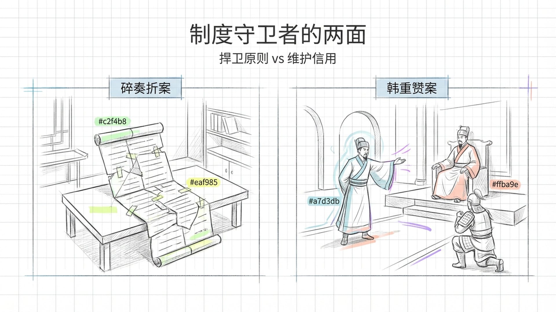 左边是粘好的奏折，右边是赵普在皇帝面前为被猜忌的将领辩护