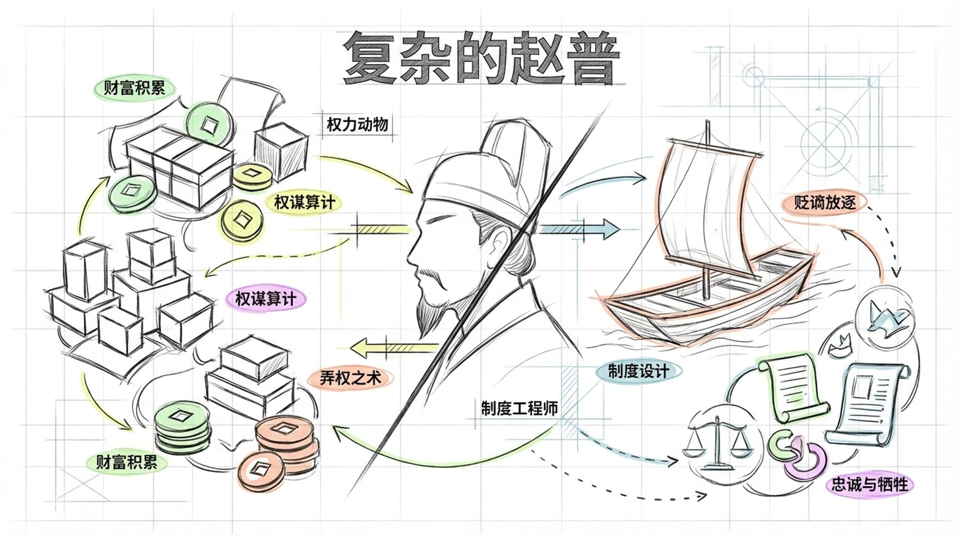 阴暗与光明的赵普侧脸，背景有堆积的金银与政治斗争中流放的船只
