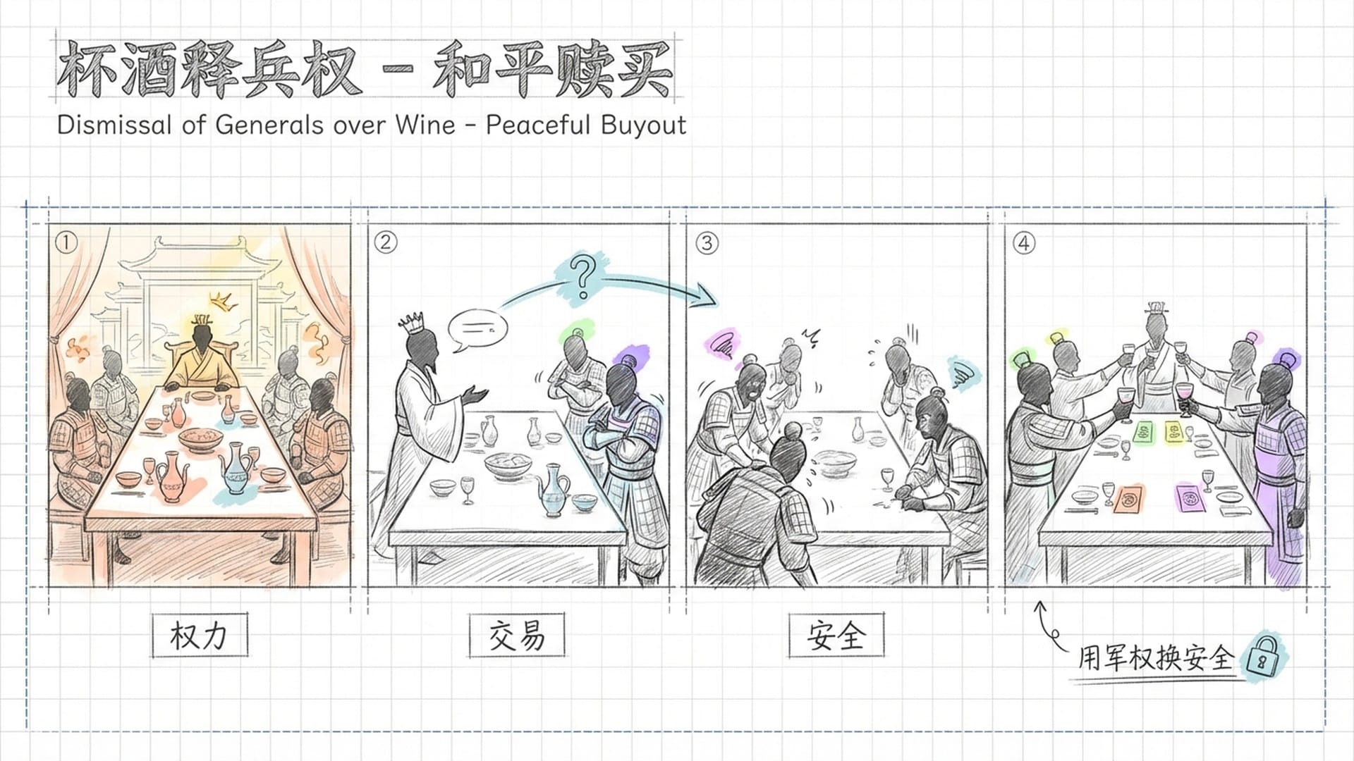 金碧辉煌的酒宴上，武将们面露惊惧并举杯谢罪