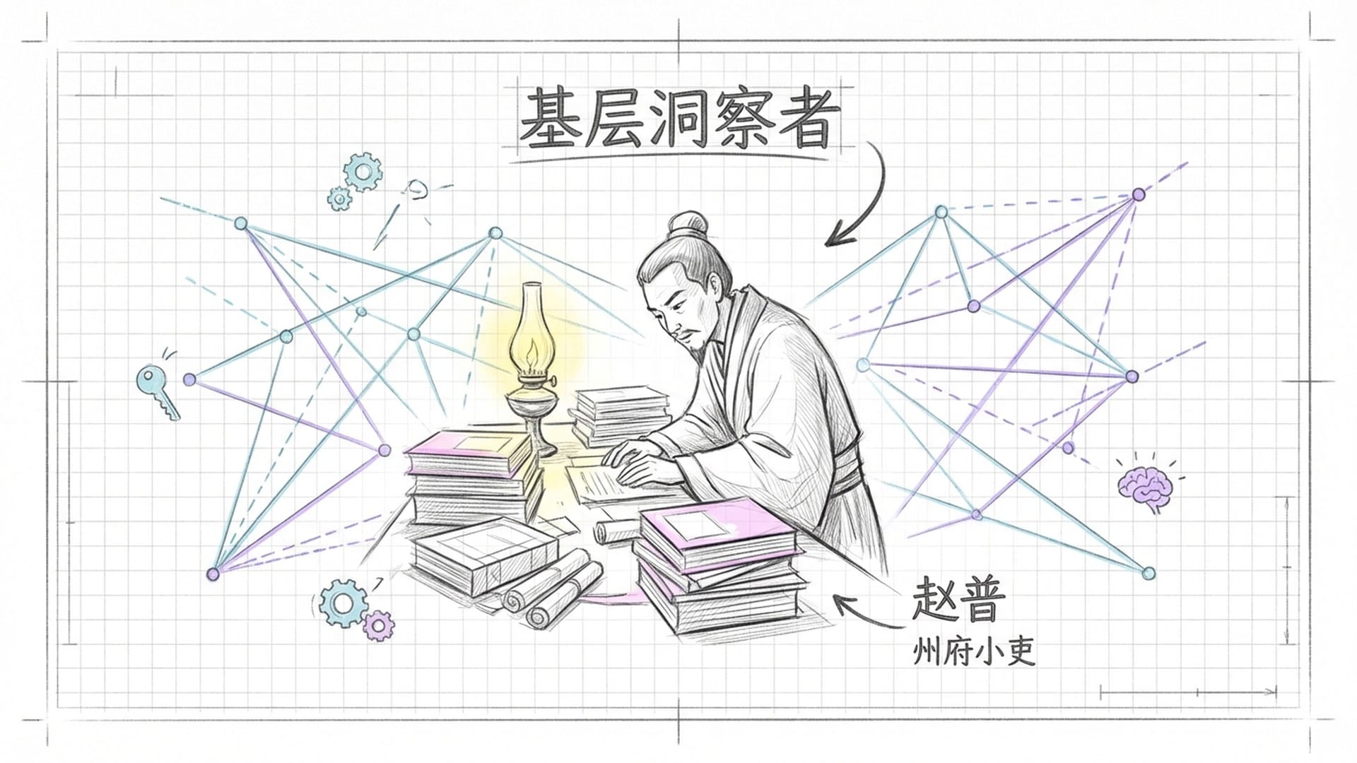 一个基层文书官吏在油灯下处理如山的公文