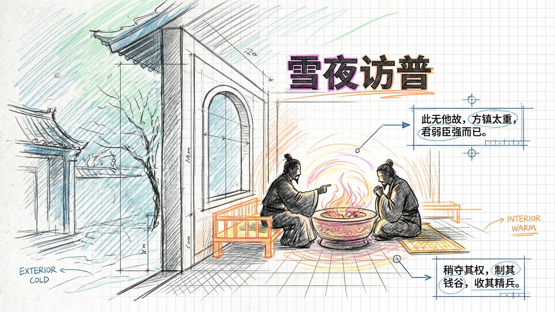 冬夜屋外大雪纷飞，屋内炉火通红，赵匡胤与赵普促膝长谈