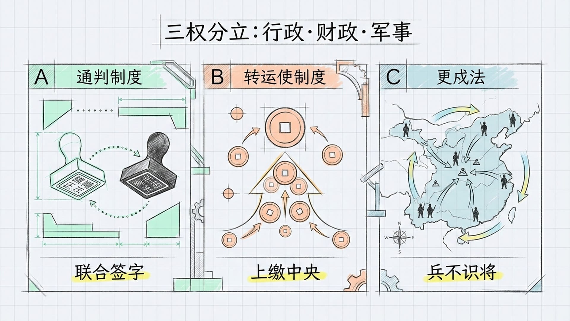 分屏展示三项制度。1.两枚印章；2.金币流向；3.士兵调动的地图