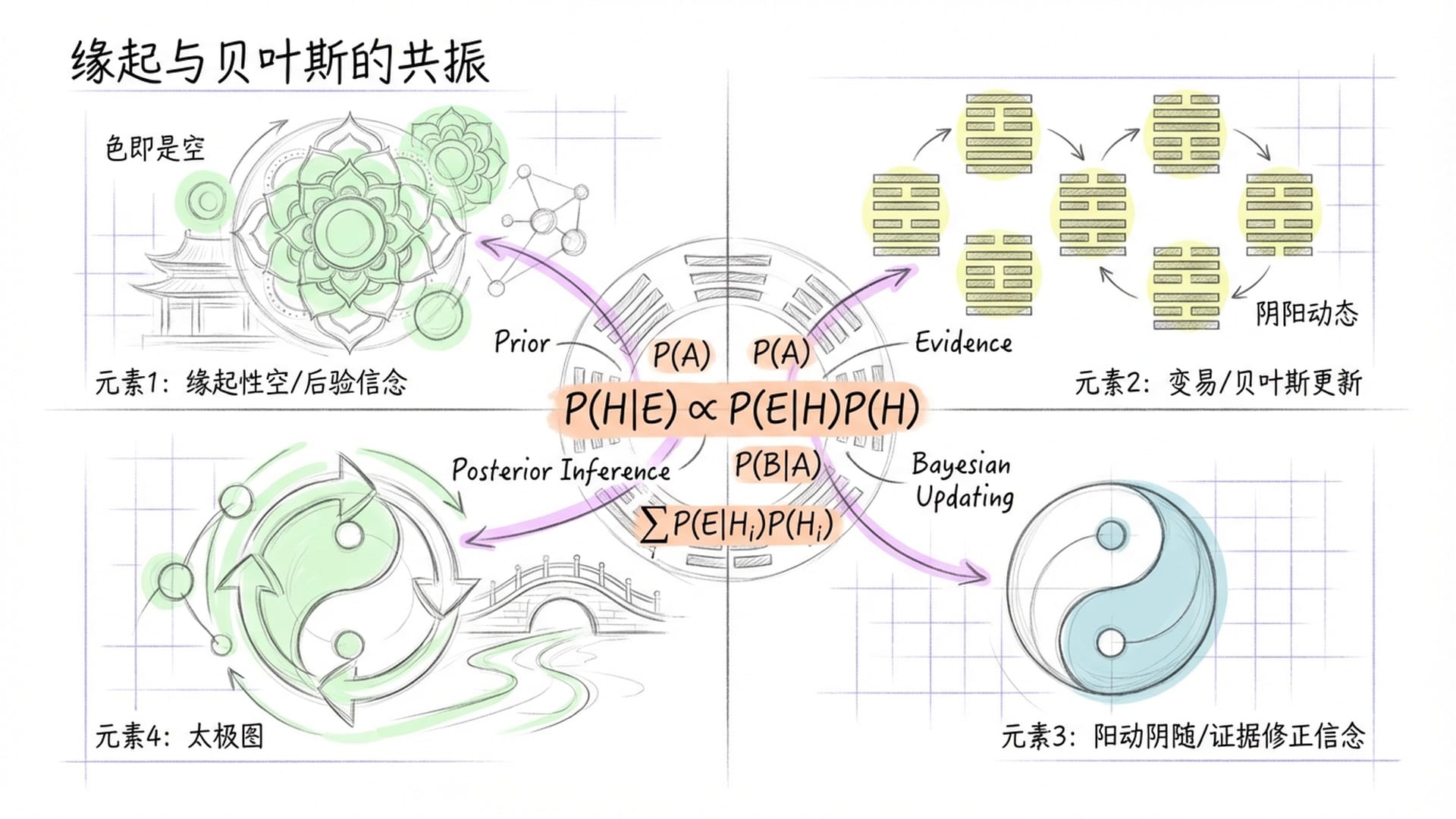 东方美学风格。左侧是佛教的曼陀罗与“色即是空”文字，右侧是易经的卦象与“阴阳动态”，两者在视觉上与贝叶斯公式重叠。