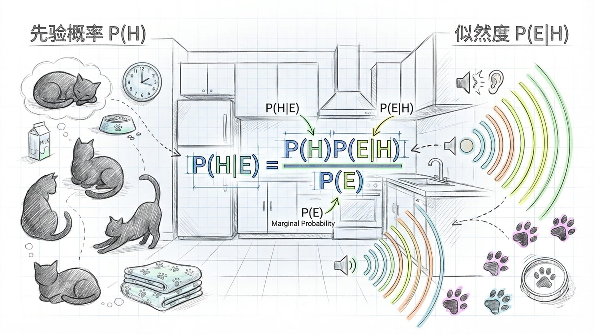 深夜厨房的插画，光影对比强烈。左侧是旧知识，右侧是新证据，中间是贝叶斯公式在墙壁上的投影。
