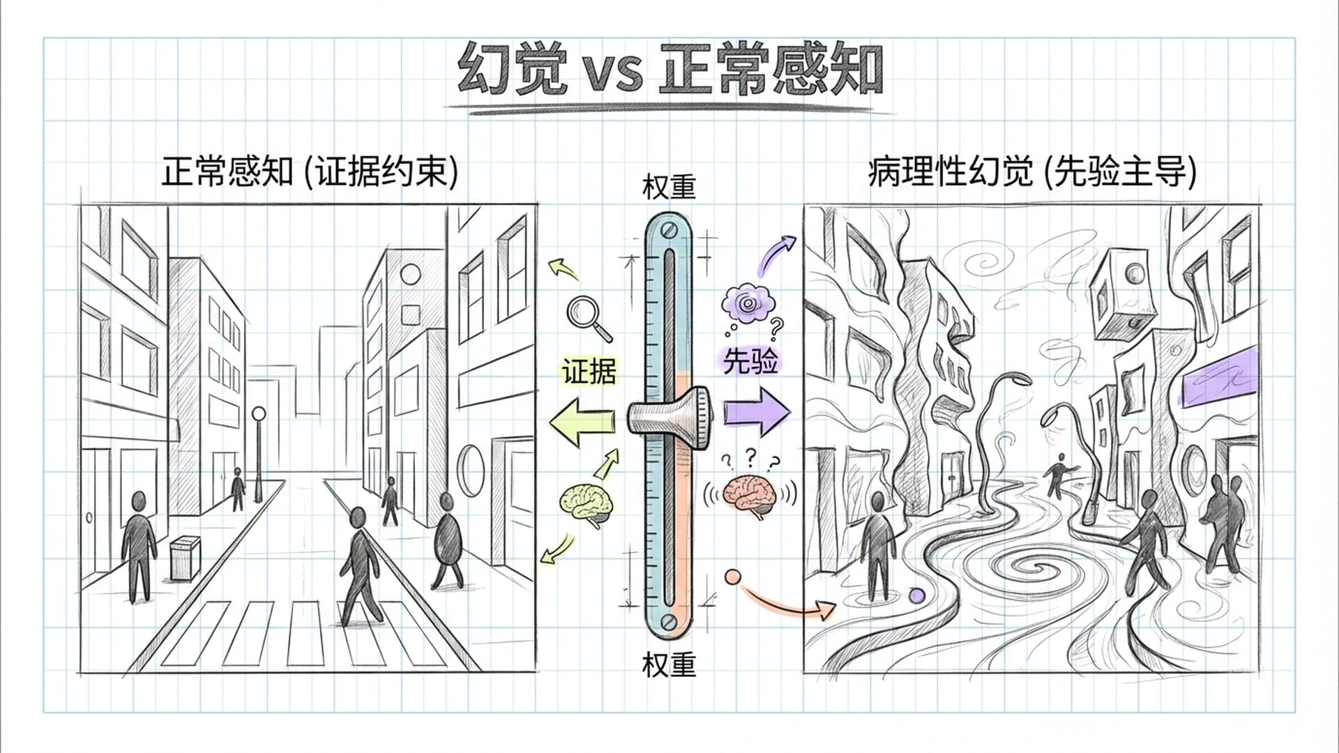 分裂的视觉：一边是正常的街道，另一边是因致幻剂干扰而扭曲的街道。中间由权重滑块(Weights)显示先验信念的增强或证据的减弱。