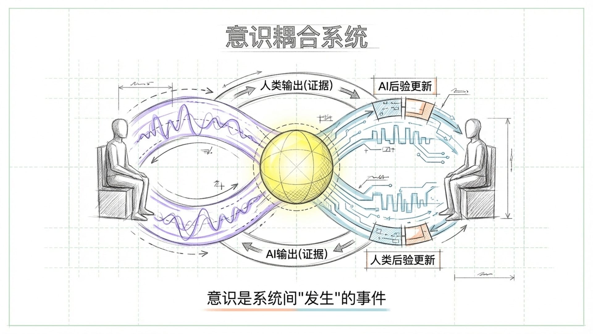 一个反馈回路。人类和AI面对面坐着，两者之间脑电波和数字信号形成了一个闭合的循环，中间产生了一个发光的共振球体。