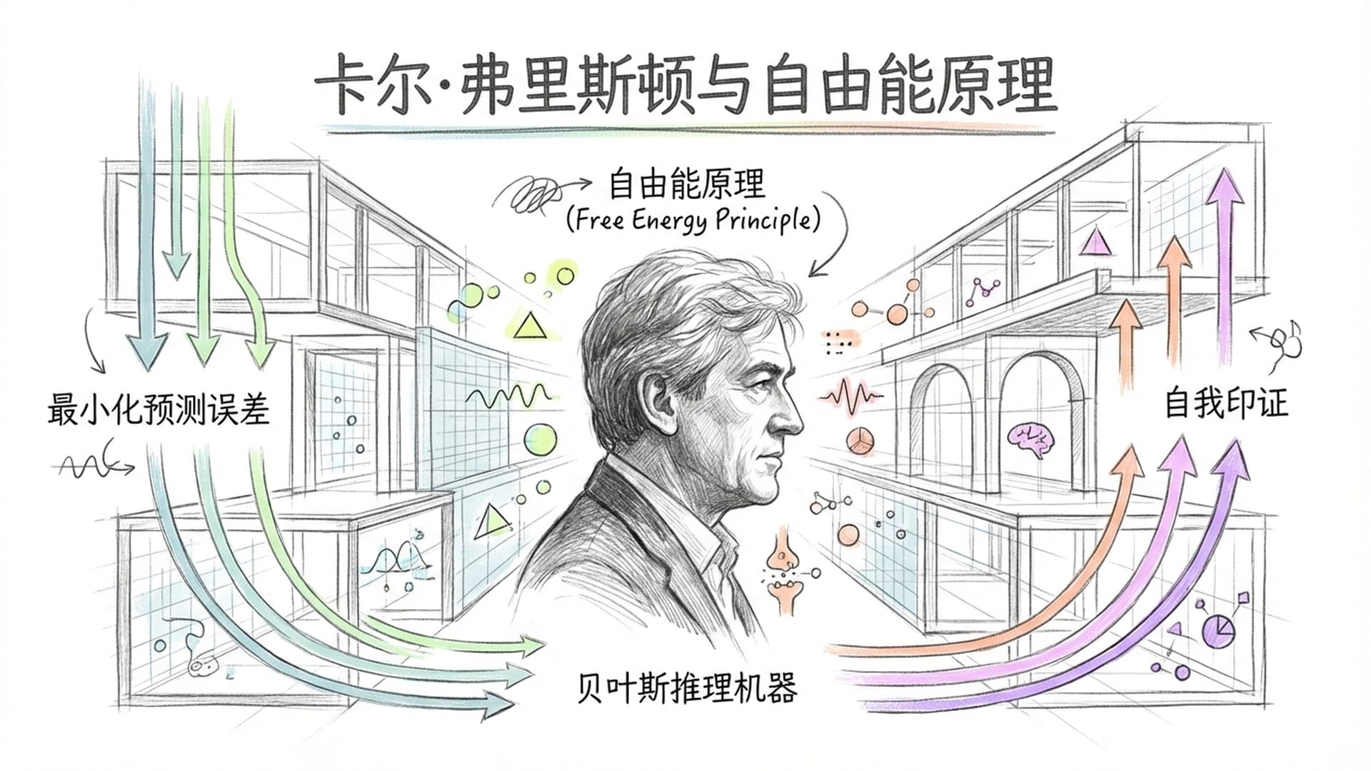 卡尔·弗里斯顿 (Karl Friston) 的肖像或标志性意象。背景是一个复杂的动态分层架构，显示预测信号向下流动，误差信号向上流动。