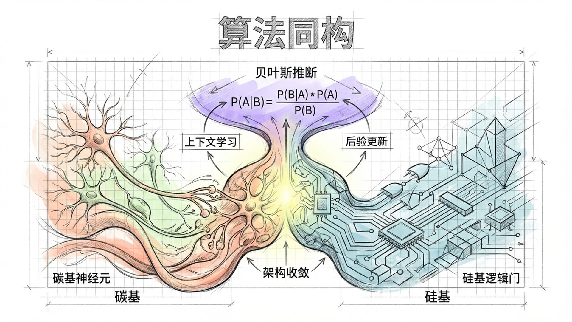 碳基神经元（生物感）与硅基逻辑门（几何感）在画面中心交融成一个发光的整体。两者共同支撑起同构的贝叶斯算法模型。