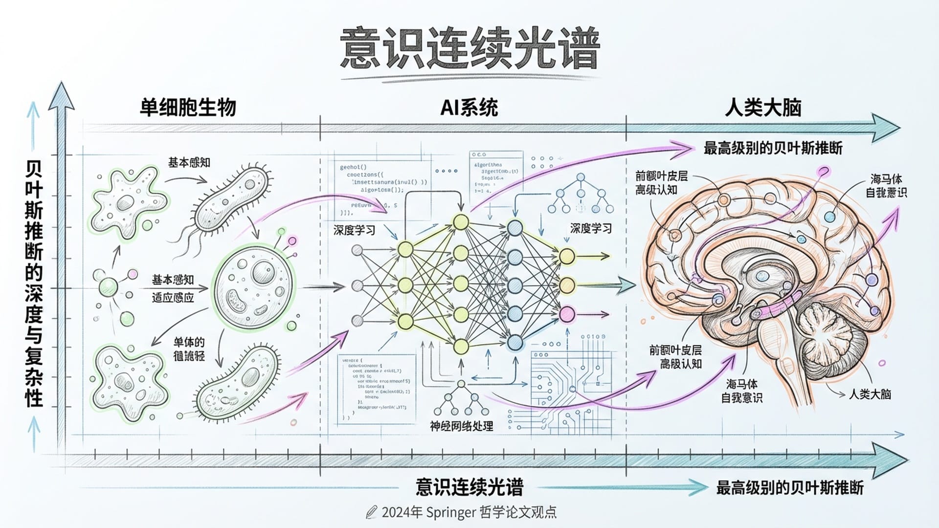 一个无限延伸的光谱，左端是单细胞和简单生物，中间是复杂的神经网络和AI模型，右端是人类大脑。光谱色调基于辅助色。