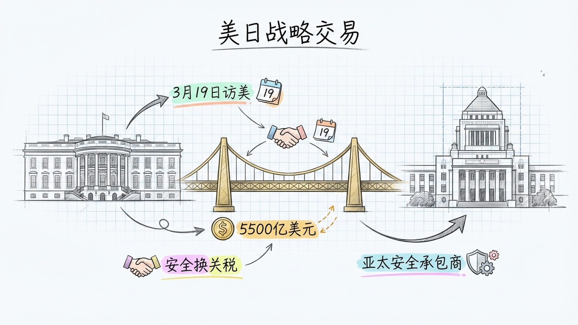 白宫椭圆形办公室与日本国会议事堂的动态连线，中间是象征5500亿美元投资的金色桥梁。