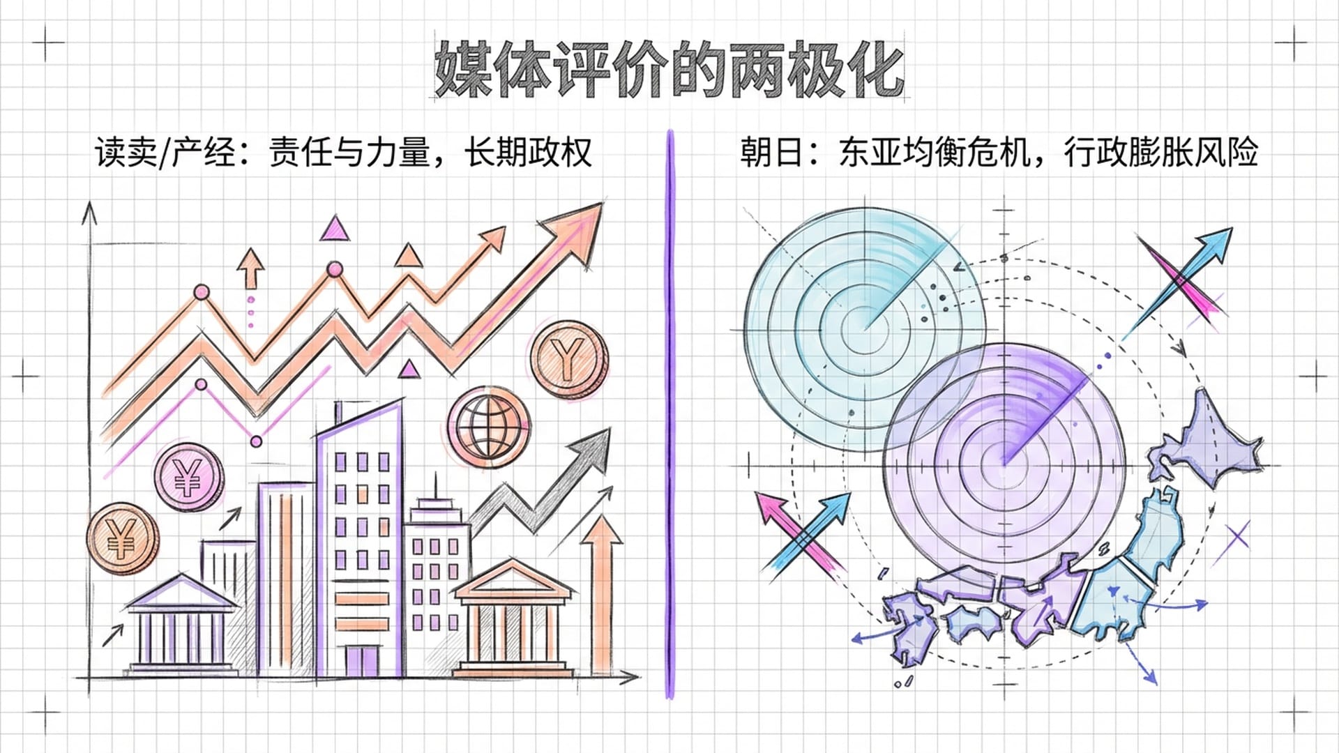 分裂的日本地图，一侧是金色的证券交易所牛市景象，另一侧是深蓝色的地缘政治雷达扫描图，象征媒体评价的两极化。