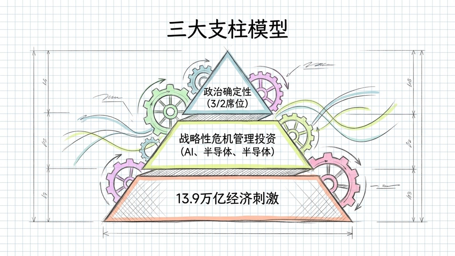 深邃的三个支柱模型，围绕着齿轮旋转，代表确定性、积极财政与战略投资，背景是流动的金融数据线。