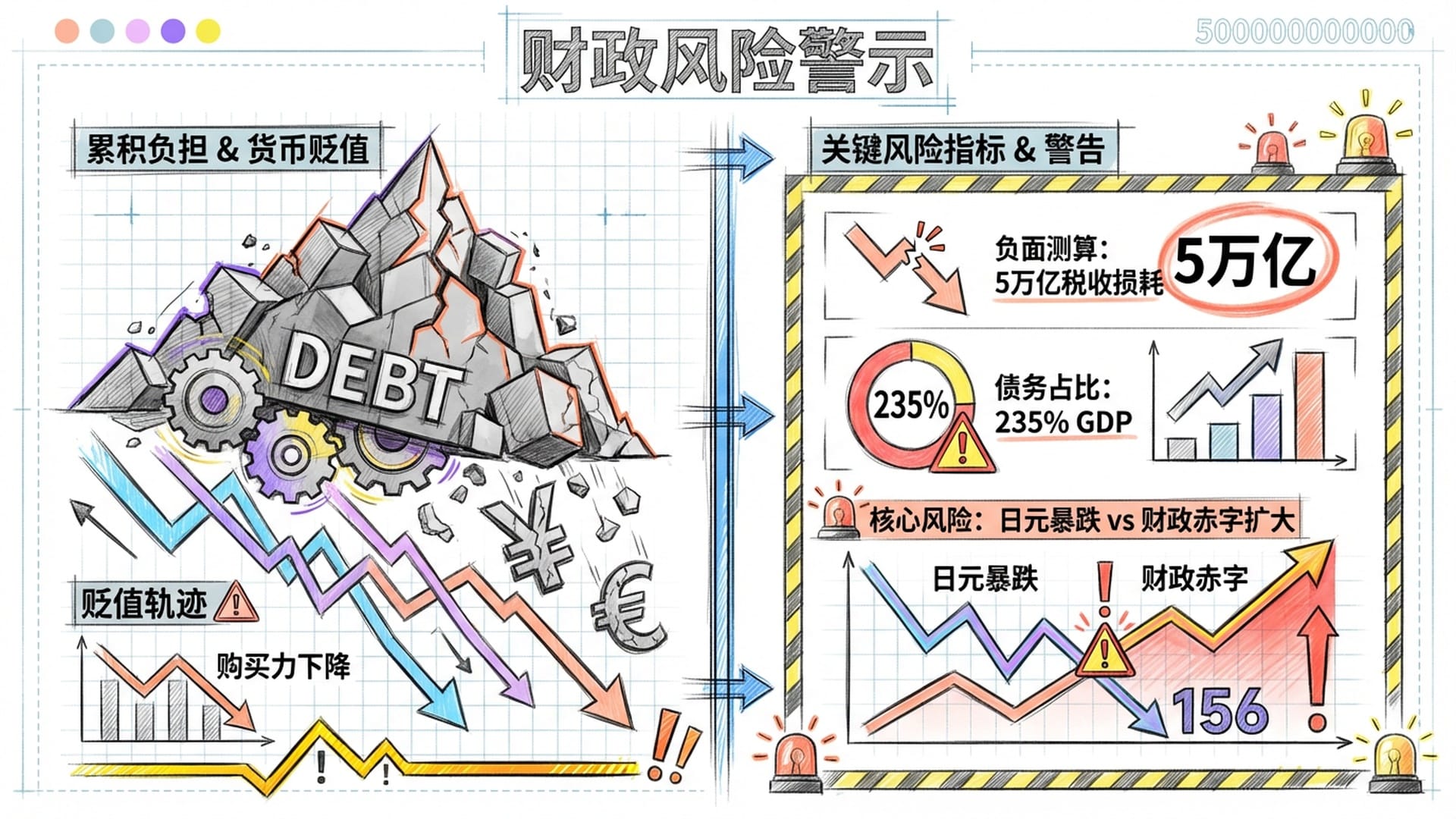 一座即将崩塌的红色数字山峰（债务），旁边是不断贬值的日元纸币，象征着财政扩张后的潜在危机。