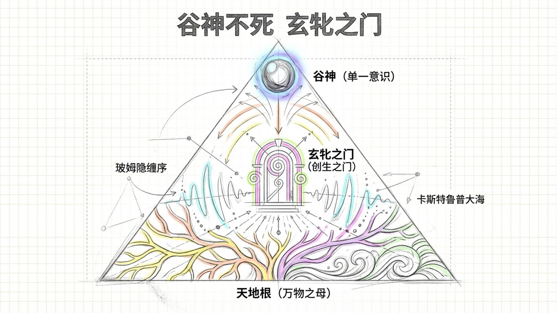 幽深的山谷中心放射出生命的光辉，象征宇宙大产房（玄牝）。