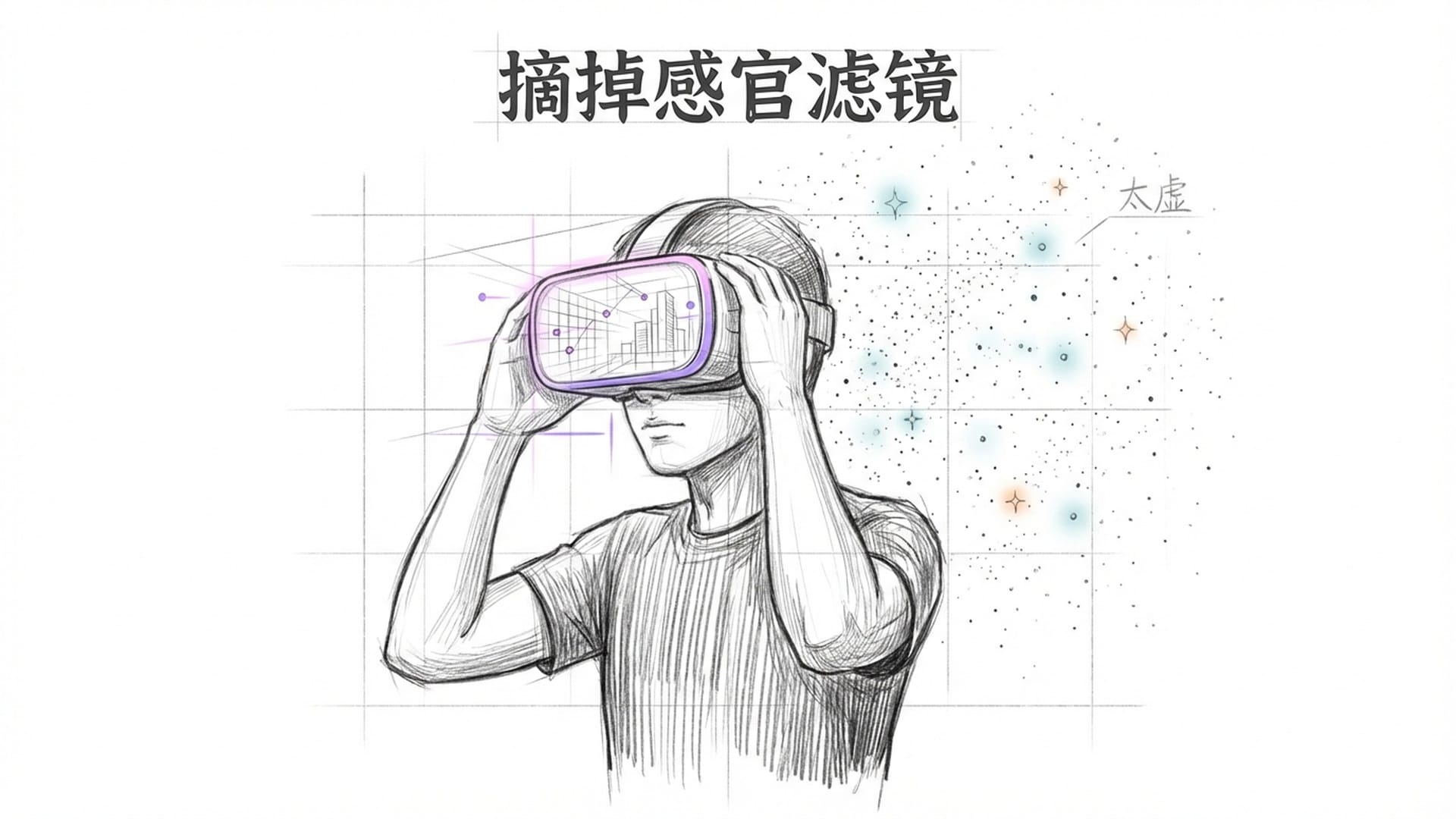 一个人摘下发光的VR头盔，头盔内侧是复杂的城市数据，眼前是无边无际的纯净星空（太虚）。