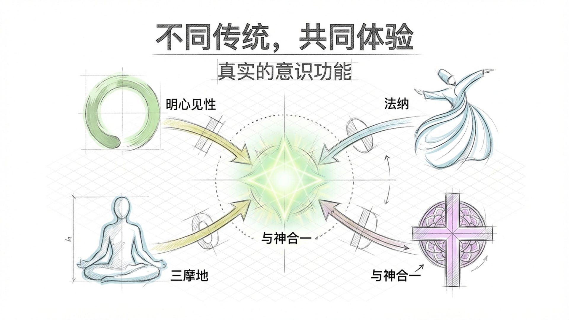 不同文明的修行者符号（禅宗、瑜伽、苏菲、神秘主义）汇聚向中心的一束白光。