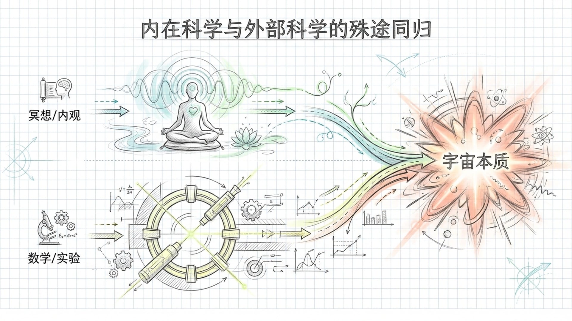 打坐者与物理实验室的超级对撞机并置，两条道路通向同一个发光的终点。