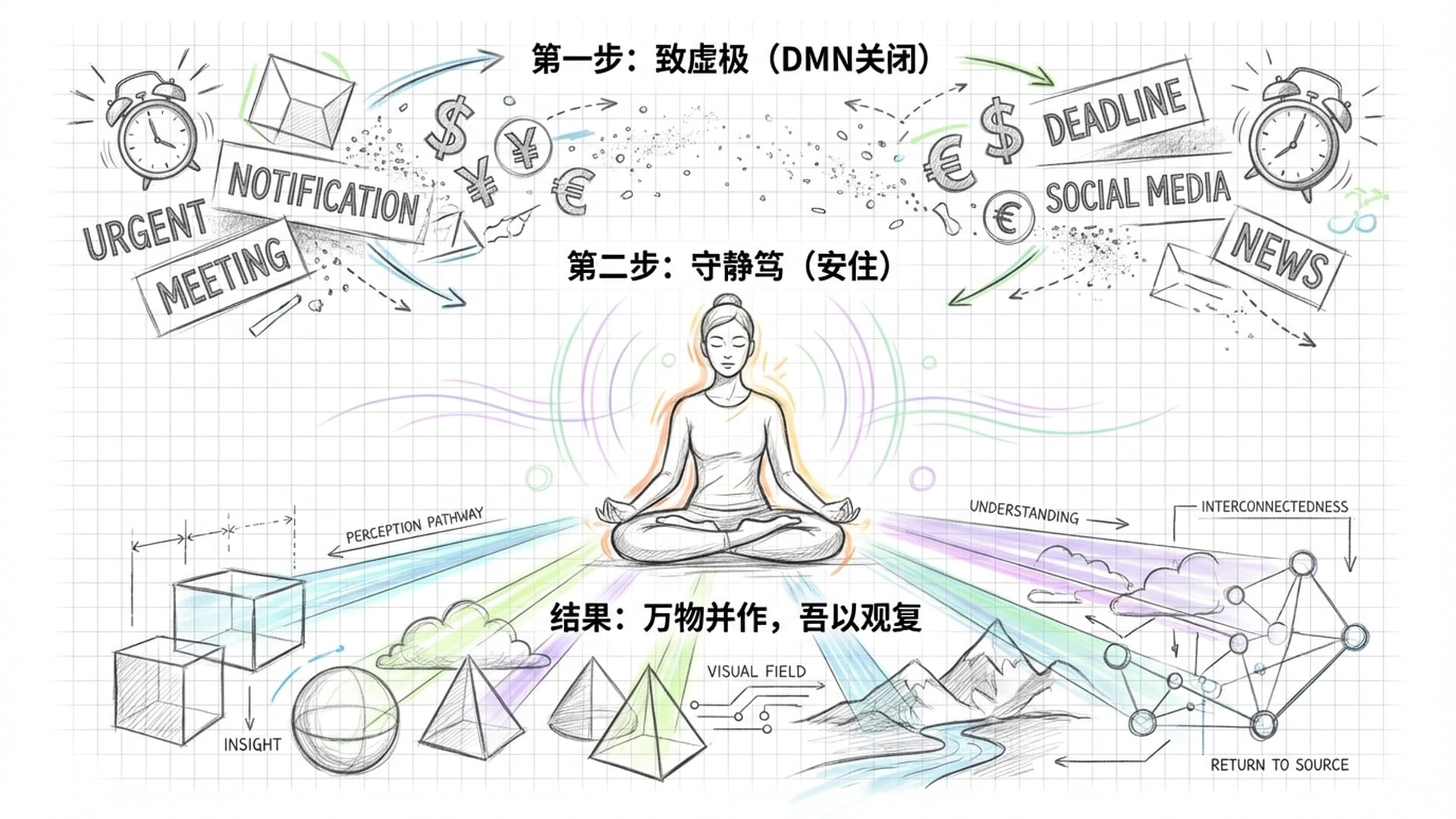 一名修行者稳坐大定，周围的干扰杂讯（闹铃、金钱、文字）正在灰飞烟灭，底层出现透视万物的光路。