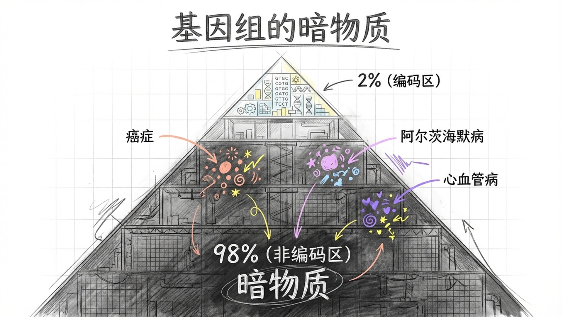 只有2%的区域亮着灯，其余98%标注着垃圾基因