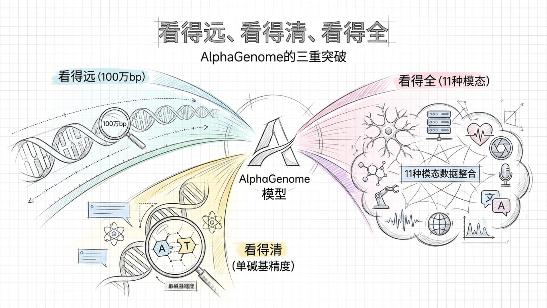 AlphaGenome的核心突破：看得远、看得清、看得全